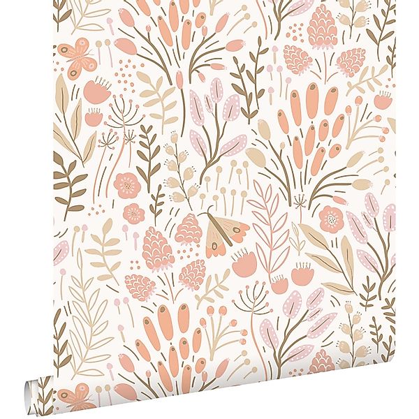 ESTAhome Tapete Blätter und Blumen Weiß und Orange 50 x 900 cm günstig online kaufen