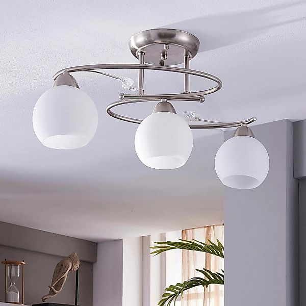 Lindby Deckenlampe Svean, 3fl, nickel/weiß, Glas, Länge 60cm günstig online kaufen