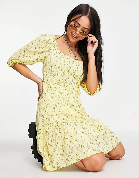 Only – Mini-Hängerkleid mit Puffärmeln in Gelb geblümt-Mehrfarbig günstig online kaufen