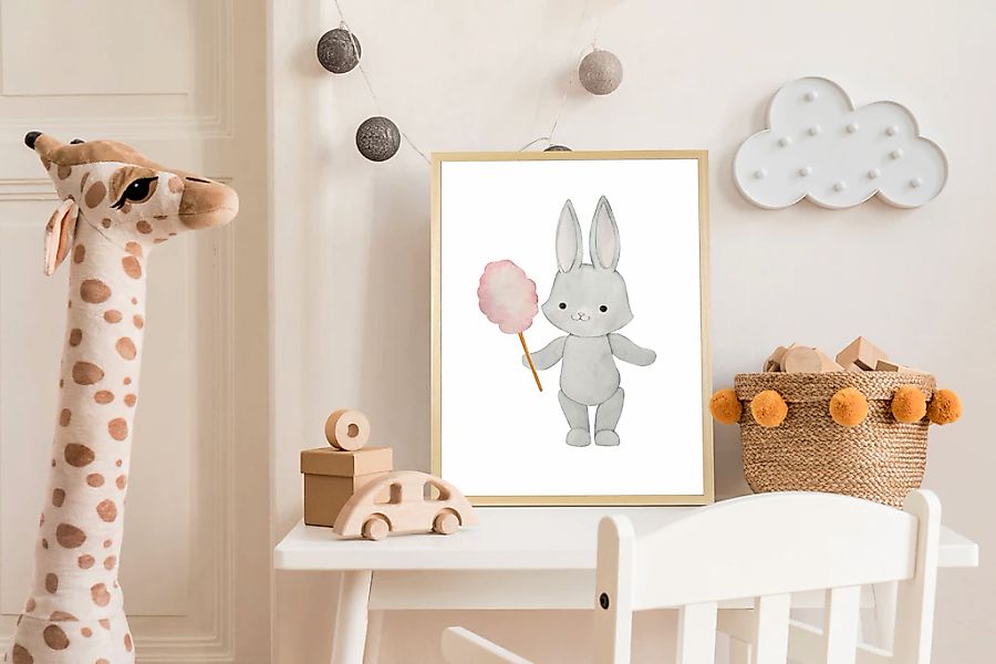 queence Bild mit Rahmen "Hase mit Zuckerwatte", Fantasy-Hase-Hasen-Haustier günstig online kaufen