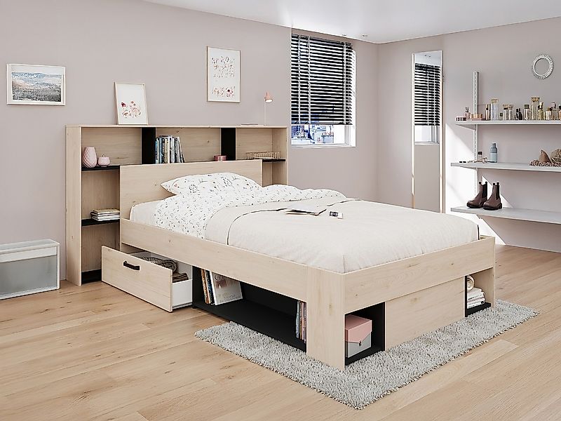 Bett 120 x 190/200 cm mit Kopfteil & Stauraum - Natur & Schwarz - KINSELIA günstig online kaufen