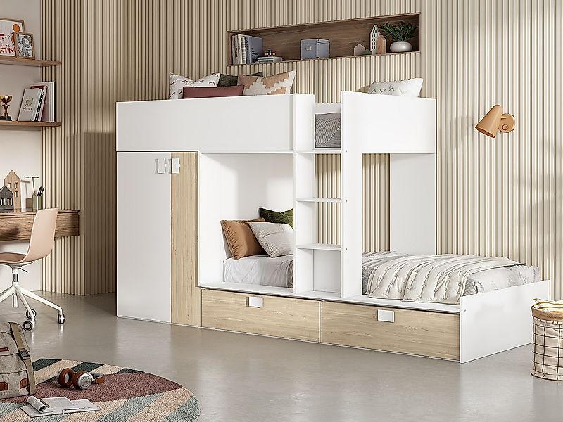 Etagenbett mit Kleiderschrank + Matratzen - 2x 90 x 190 cm - Weiß & Naturfa günstig online kaufen