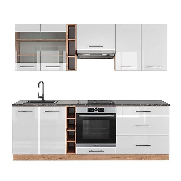 Vicco Fame-Line Küchenzeile Weiß Hochglanz/Goldkraft Eiche 235 cm AP Anthra günstig online kaufen