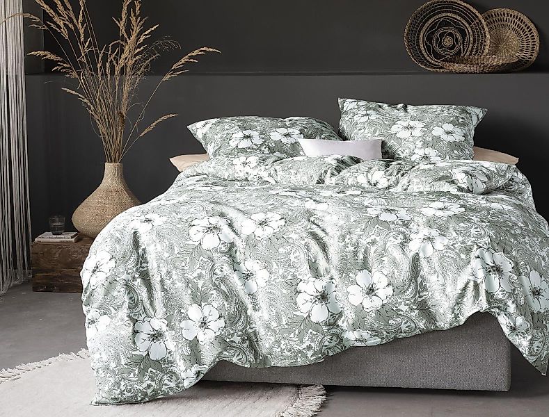 Irisette Mako Satin Bettwäsche Sky 8459-30 Grün Blüten Paisley 135x200 günstig online kaufen