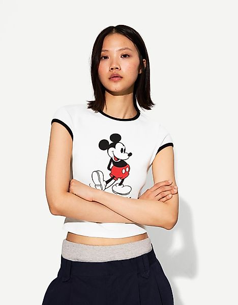 Bershka Mickey-Shirt Mit Kurzen Ärmeln Damen L Weiss günstig online kaufen