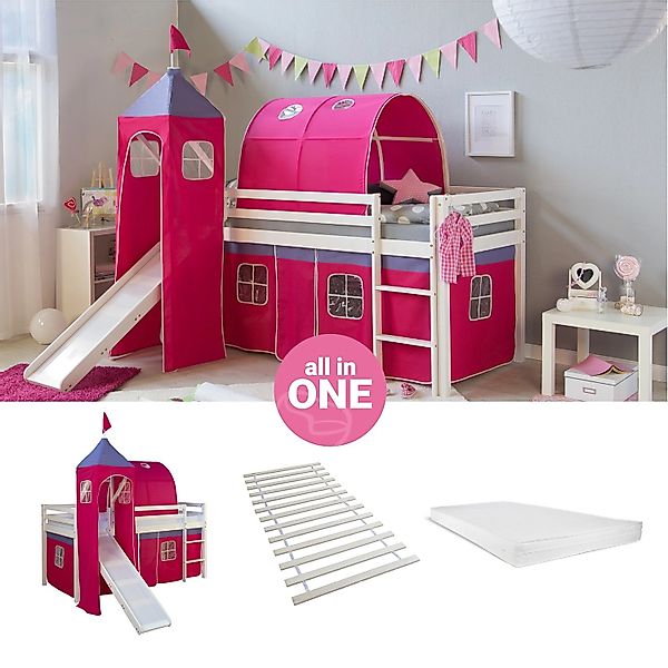 Homestyle4u Hochbett 90x200 mit Vorhang Lattenrost Matratze Rutsche Tunnel günstig online kaufen