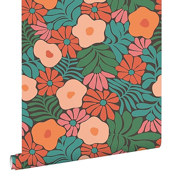 ESTAhome Tapete Blumen im Matisse-Stil Dunkelgrün Orange und Blau 50 x 900 günstig online kaufen