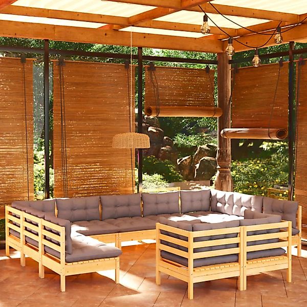 11-tlg. Garten-lounge-set Mit Grauen Kissen Kiefer Massivholz günstig online kaufen