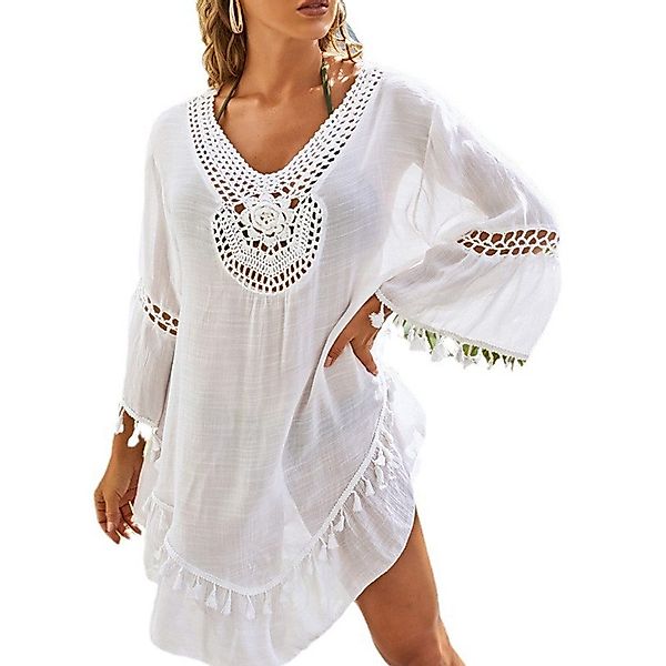 RWEUOQ Blusenkleid Weiße Strandtunika mit Häkelmuster günstig online kaufen