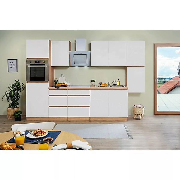 Respekta Küchenzeile ohne E-Geräte 320 cm Grifflos Weiß Hochglanz-Eiche Säg günstig online kaufen