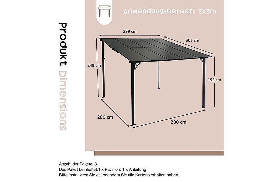 JOIVI Pergola 3x3m Terrassenüberdachung, Carport mit Sonnendach, Pavallon, günstig online kaufen