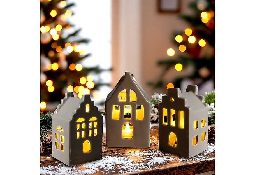Spetebo Dekofigur LED Porzellan Haus 11 cm inklusive Batterie 3er Set (Set, günstig online kaufen