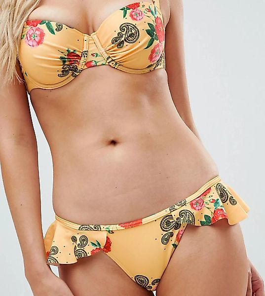 Peek & Beau – Geblümte Bikinihose mit Rüschendetail-Gelb günstig online kaufen