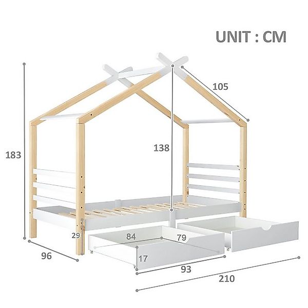 Flieks Kinderbett (1-tlg), Hausbett mit 2 Schubladen Massivholzbett 90x190c günstig online kaufen