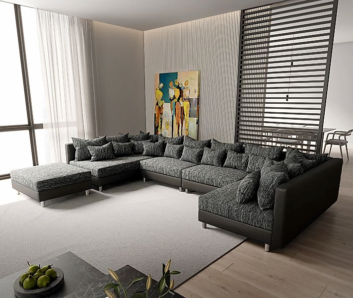 Wohnlandschaft Clovis XL Schwarz Modulsofa mit Hocker günstig online kaufen