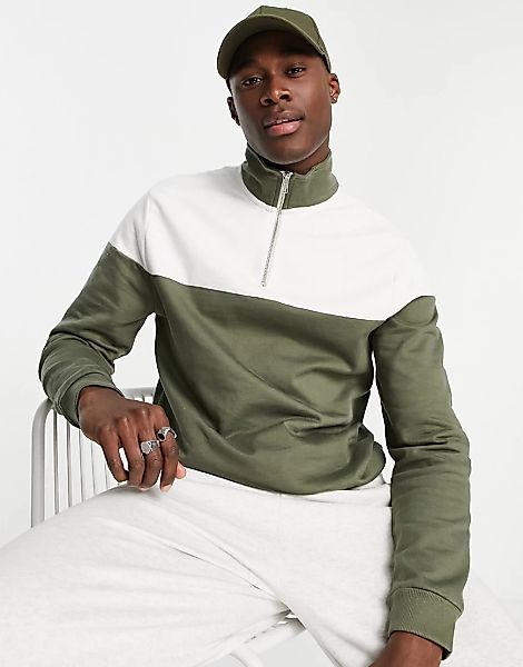 Another Influence – Sweatshirt in Khaki mit Blockfarbendesign und Halbreißv günstig online kaufen