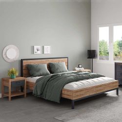 Industrial Doppelbett aus Akazie Massivholz Vierfußgestell aus Metall günstig online kaufen