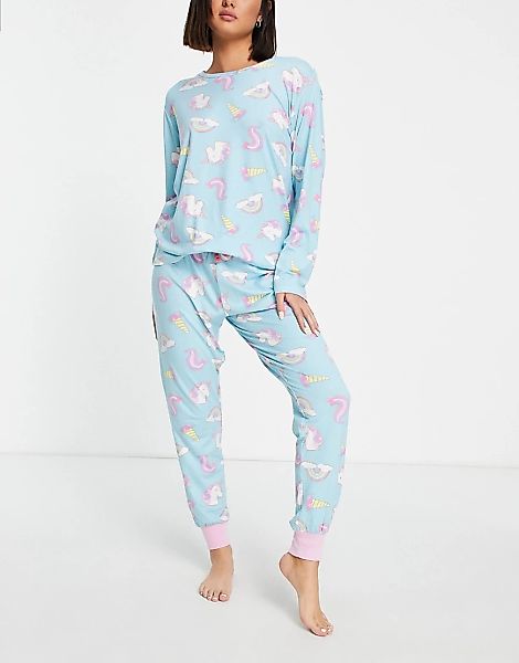 Chelsea Peers – Langer Pyjama in Blau mit Einhorn- und Regenbogenmotiv günstig online kaufen