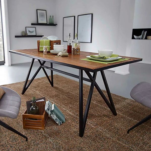Esszimmertisch aus Sheesham Massivholz und Edelstahl Loft Design günstig online kaufen
