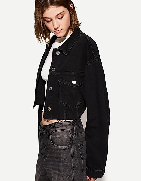 Bershka Cropped-Jeansjacke Damen L Schwarz günstig online kaufen