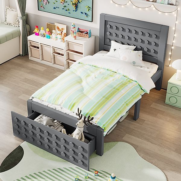 Flieks Kinderbett, Holzbett Einzelbett 90x200cm Bausteine-Form günstig online kaufen