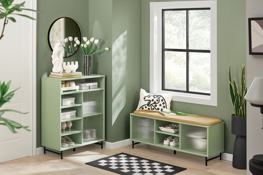 SoBuy Schuhbank mit Sitzfläche und Schiebetüren MDF Glas Grün FSR115-GR günstig online kaufen