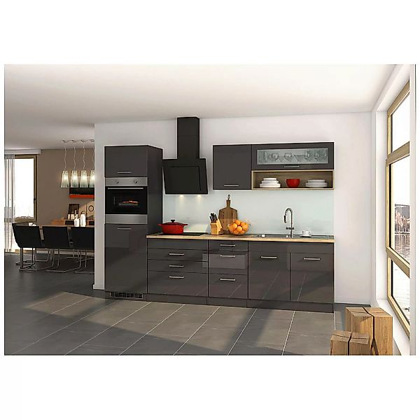 Küchenzeile 290 cm Grau Hochglanz, inkl. E-Geräte MARANELLO-03, Design-Glas günstig online kaufen