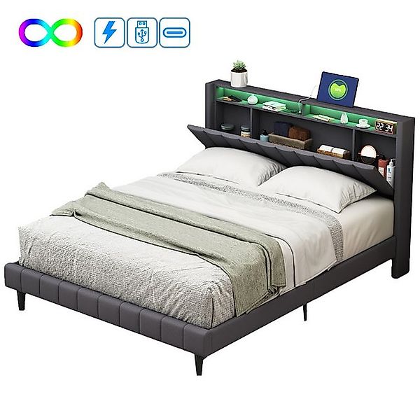 FUROKOY Polsterbett LED Doppelbett mit Ladefunktion, Stauraumkopfteil, Stau günstig online kaufen