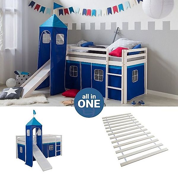 Homestyle4u Hochbett 90x200 mit Vorhang Lattenrost Matratze Rutsche Turm in günstig online kaufen