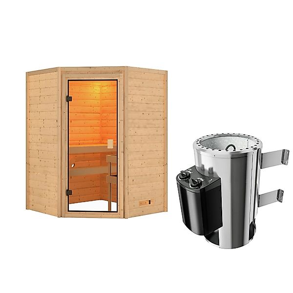 Karibu Sauna Rabea Eckeinstieg Naturbelassen mit Ofen 3,6 kW Integriert günstig online kaufen