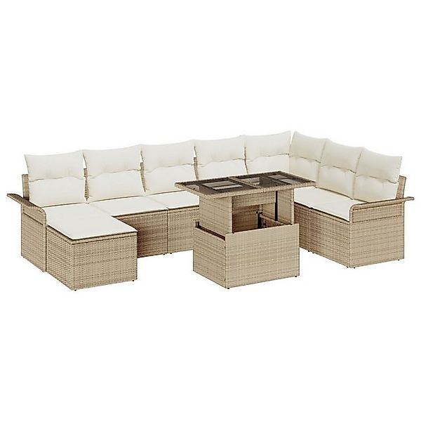 vidaXL Loungesofa 9-tlg. Garten-Sofagarnitur mit Kissen Beige Poly Rattan, günstig online kaufen