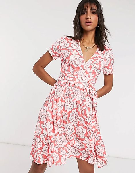French Connection – Meadow – Rotes Jersey-Wickelkleid mit Blumenmuster günstig online kaufen
