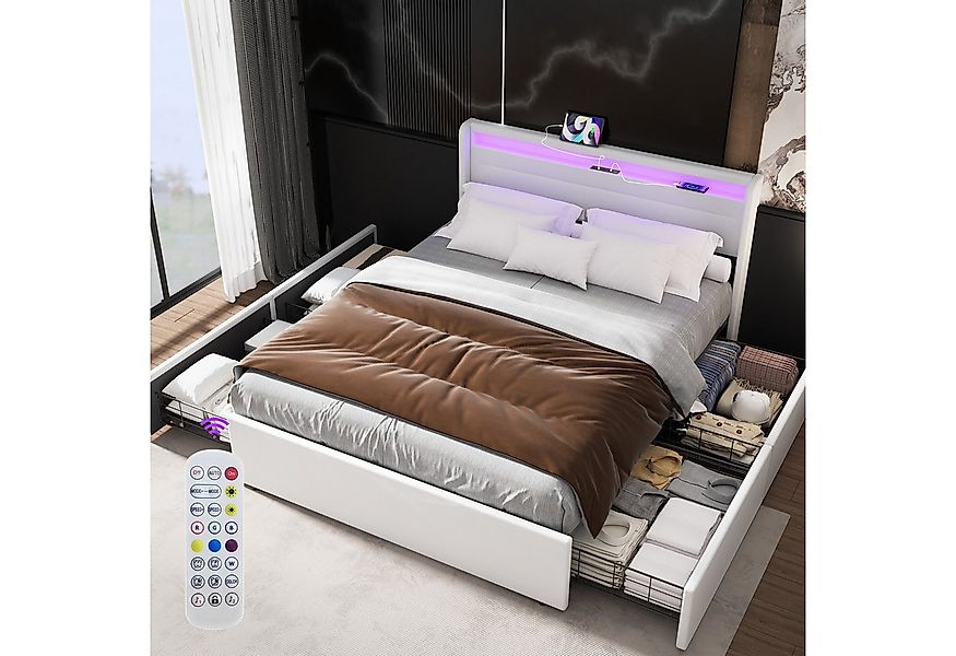 oyajia Polsterbett LED-Beleuchtung Doppelbett mit Ladefunktion und 4 Schubl günstig online kaufen