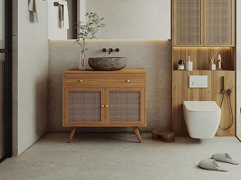 Waschbeckenunterschrank aus hellem Teakholz & Rohrgeflecht - 90 cm - MANSUL günstig online kaufen