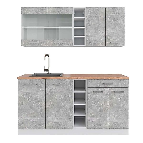Vicco R-Line Singleküche Beton/Weiß 160 cm AP Eiche ohne E-Geräte günstig online kaufen