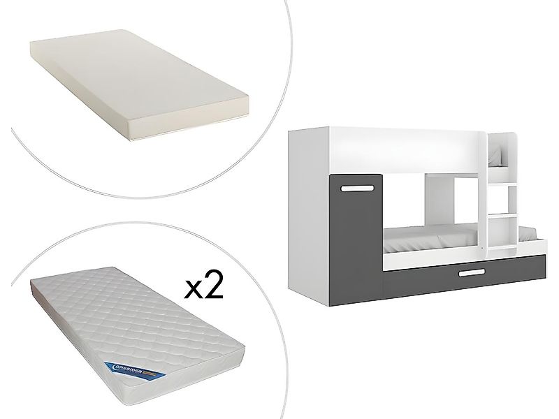 Etagenbett Ausziehbett mit Stauraum + Matratzen - 3x 90 x 190 cm - Weiß & A günstig online kaufen