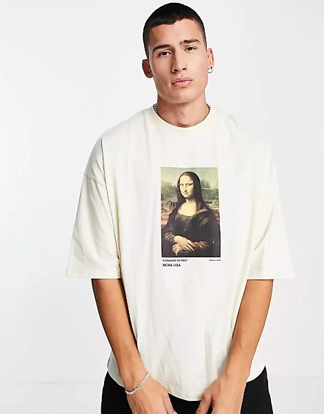 ASOS DESIGN – Oversize-T-Shirt in Stein mit Mona-Lisa-Print-Neutral günstig online kaufen