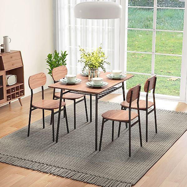 Esstisch Set mit 4 Stühlen Küchentisch mit Ablage Teak Stahl Esszimmermöbel günstig online kaufen