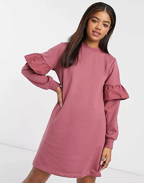New Look – Mini-Sweatshirtkleid mit Rüschenärmeln in Rosa günstig online kaufen