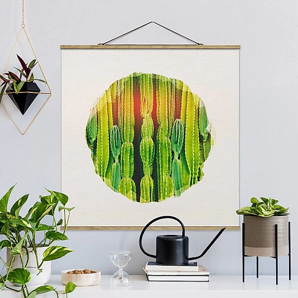 Stoffbild Blumen mit Posterleisten - Quadrat Wasserfarben - Kaktus Wand günstig online kaufen