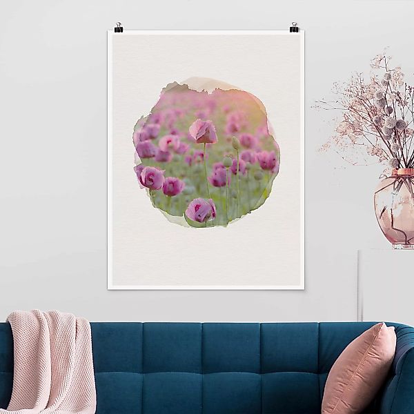 Poster - Hochformat Wasserfarben - Violette Schlafmohn Blumenwiese im Frühl günstig online kaufen