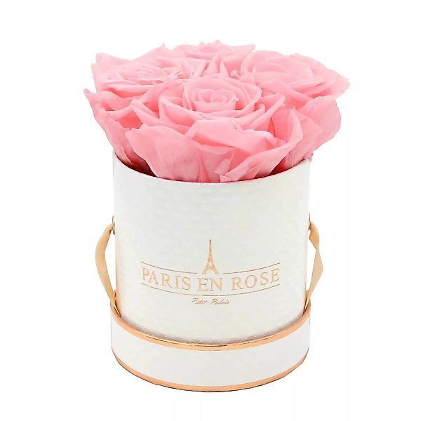 Rosenbox Ø 10 cm Weiß-Roségold Deluxe mit 4 Rosa Rosen günstig online kaufen