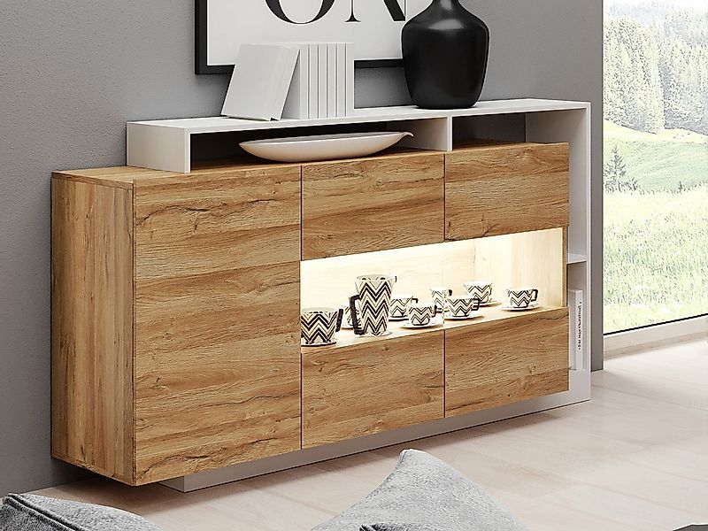 Sideboard mit 3 Türen & 3 Ablagen + LEDs - Naturfarben & Weiß - IDESIA günstig online kaufen