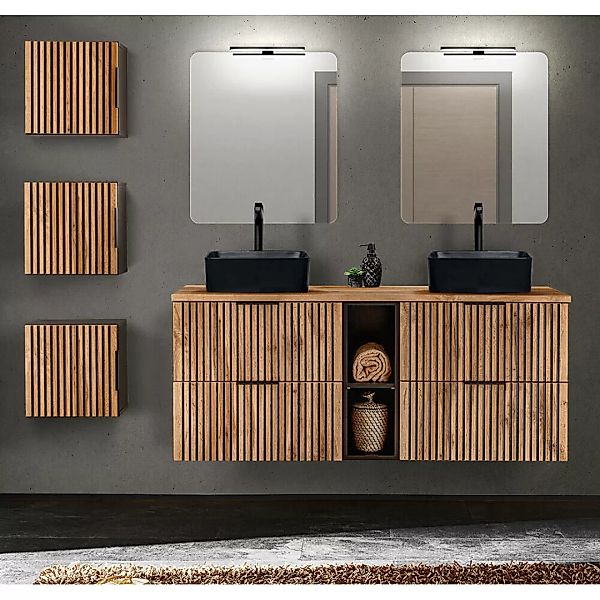 Badmöbel Set Doppelwaschtisch mit Regal 141 cm, 3 Hängeschränke XANTEN-56 i günstig online kaufen