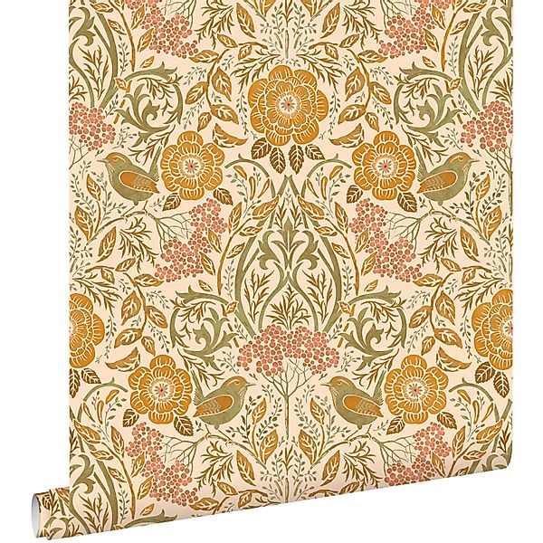 ESTAhome Tapete Blumen und Vögel im Jugendstil Orange und Grün 50 x 900 cm günstig online kaufen