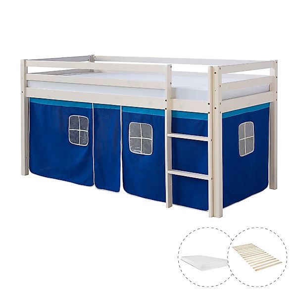 Homestyle4u Hochbett 90x200 mit Vorhang Lattenrost und Matratze in Weiß 256 günstig online kaufen