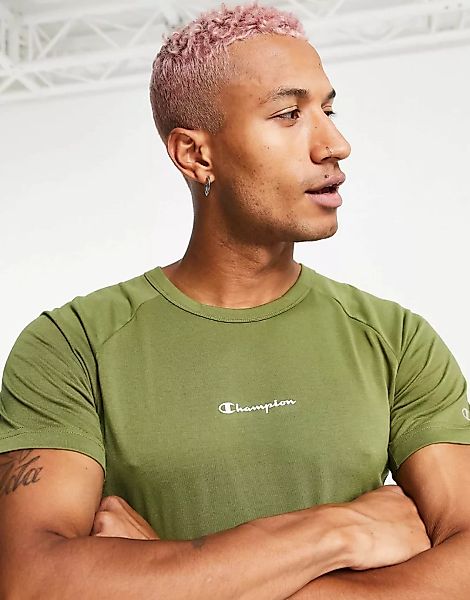 Champion – Sport-T-Shirt in Khaki mit Logo-Grün günstig online kaufen