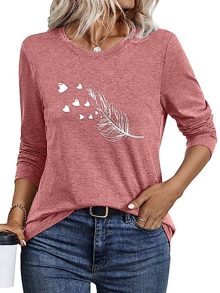 PYLIKE Langarmshirt Damen Rundhalsausschnitt Longsleeve mit Feder Print-Shi günstig online kaufen
