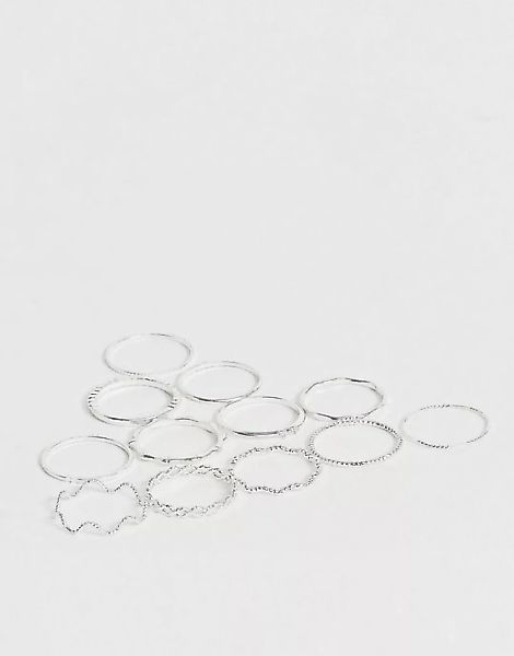 ASOS DESIGN – 12er-Pack silberne Ringe mit verdrehtem und eingraviertem Des günstig online kaufen