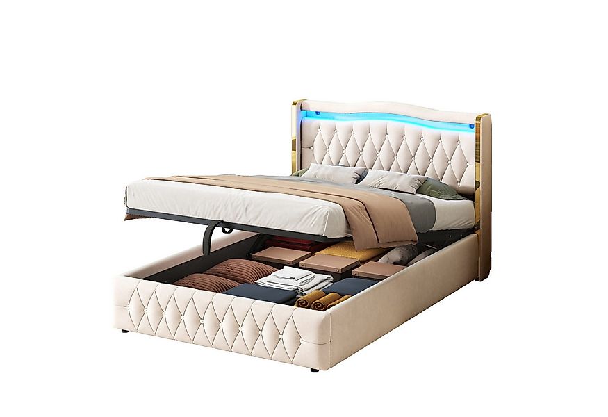 Flieks Polsterbett, LED hydraulisches Doppelbett 140x200cm mit hellen Strei günstig online kaufen